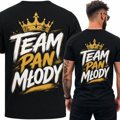 Koszulka męska „Team Pan Młody” ze złotą koroną na wieczór kawalerski - duży nadruk na plecach