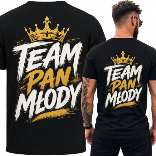Koszulka męska „Team Pan Młody” ze złotą koroną na wieczór kawalerski - duży nadruk na plecach