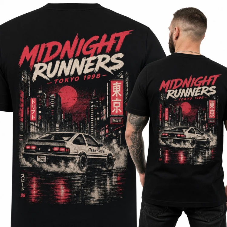Koszulka męska „Midnight Runners” - drift JDM w nocnym Tokio - duży nadruk na plecach
