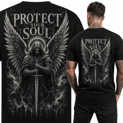 Koszulka męska z archaniołem i mieczem „Protect your soul” - duży nadruk na plecach