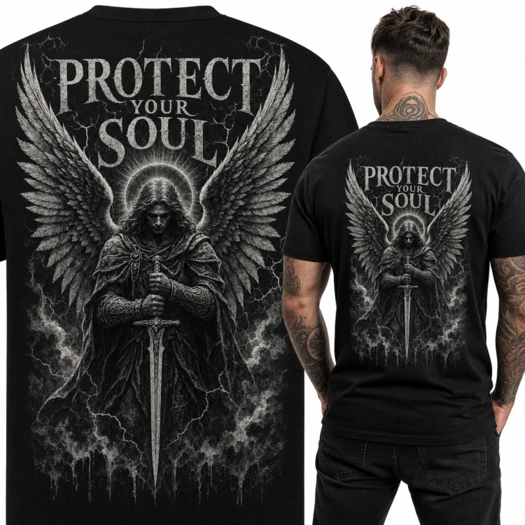 Koszulka męska z archaniołem i mieczem „Protect your soul” - duży nadruk na plecach