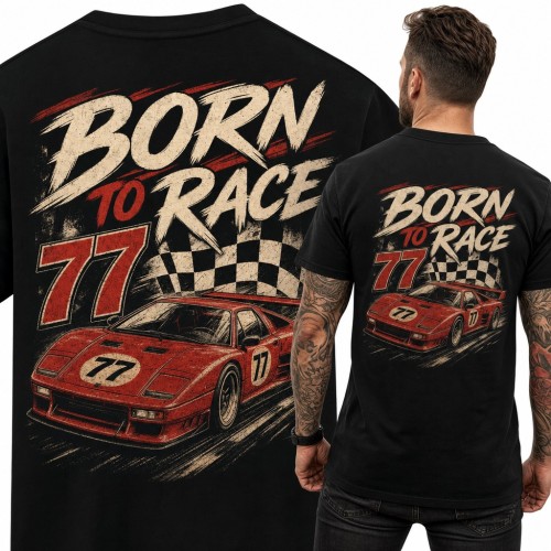 Koszulka męska „Born to race” - czerwone auto wyścigowe z numerem 77 - duży nadruk na plecach