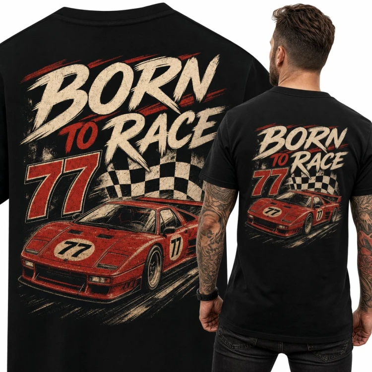 Koszulka męska „Born to race” - czerwone auto wyścigowe z numerem 77 - duży nadruk na plecach
