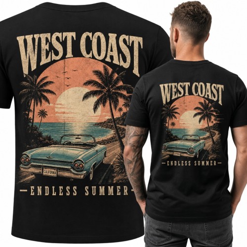 Koszulka męska „West Coast” z kabrioletem retro i palmami - duży nadruk na plecach