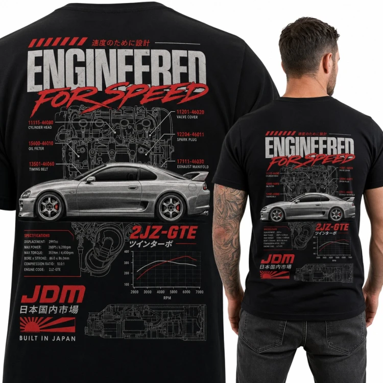 Koszulka męska JDM „Engineered for Speed” z silnikiem 2JZ-GTE - duży nadruk na plecach