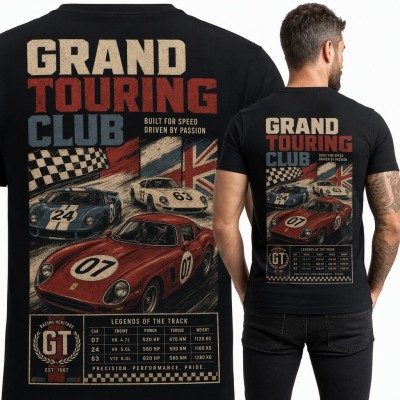 Koszulka męska „Grand Touring Club” - retro wyścigówki GT, duży nadruk na plecach