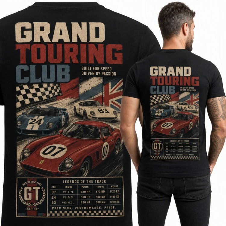 Koszulka męska „Grand Touring Club” - retro wyścigówki GT, duży nadruk na plecach