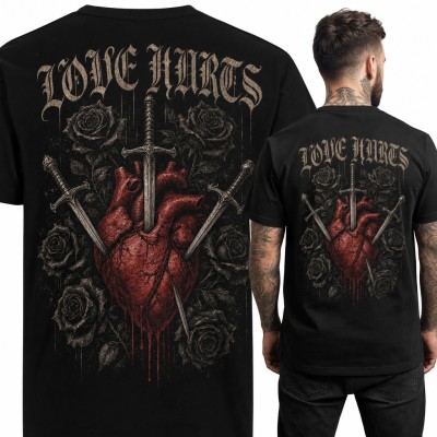 Koszulka męska „Love hurts” - serce przebite sztyletami wśród czarnych róż - duży nadruk na plecach