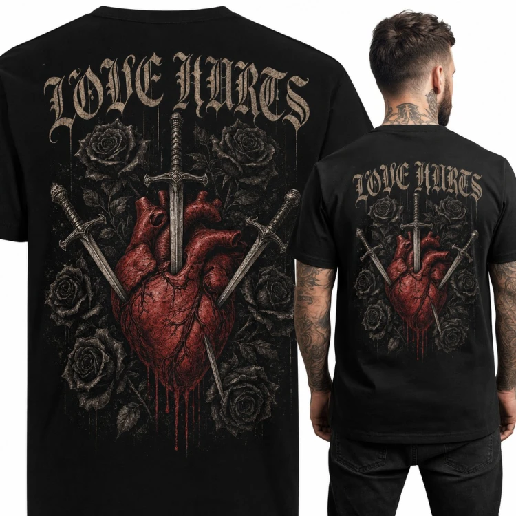 Koszulka męska „Love hurts” - serce przebite sztyletami wśród czarnych róż - duży nadruk na plecach