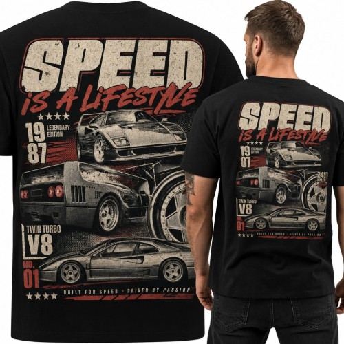 Koszulka męska „Speed is a lifestyle” z autami sportowymi lat 80 - duży nadruk na plecach