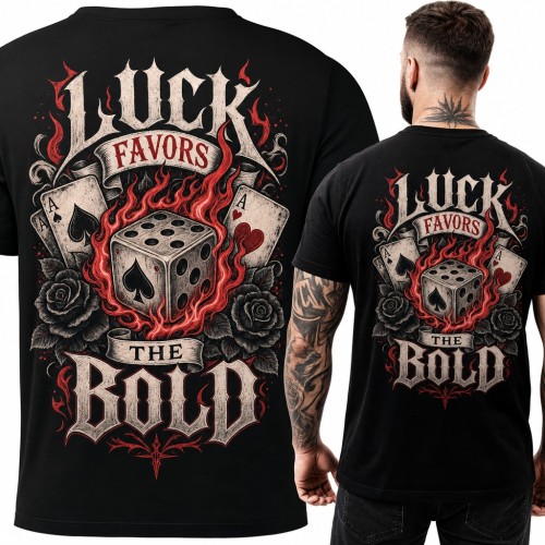 Koszulka męska z płonącą kostką i asami „Luck favors the bold” - duży nadruk na plecach