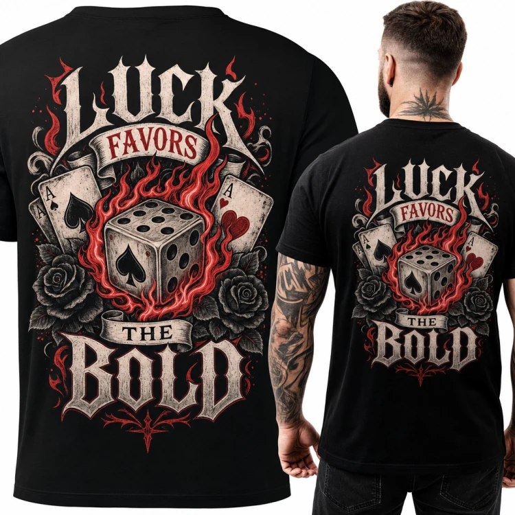 Koszulka męska z płonącą kostką i asami „Luck favors the bold” - duży nadruk na plecach