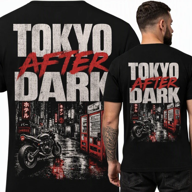 Koszulka męska „Tokyo After Dark” - motocykl na nocnej ulicy Tokio, duży nadruk na plecach