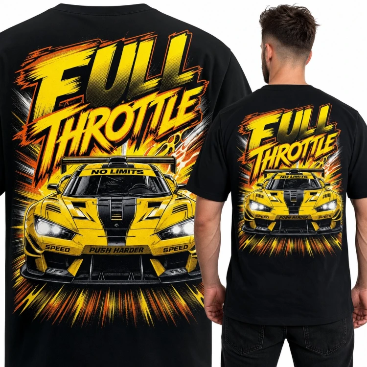 Koszulka męska „Full Throttle” - żółte auto wyścigowe - duży nadruk na plecach