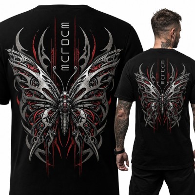 Koszulka męska „Evolve” z mechanicznym motylem cyberpunk - duży nadruk na plecach