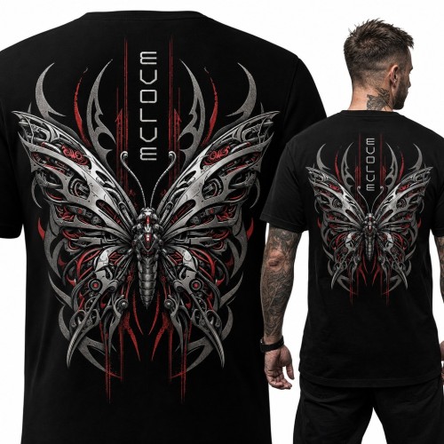 Koszulka męska „Evolve” z mechanicznym motylem cyberpunk - duży nadruk na plecach