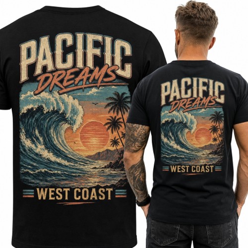 Koszulka męska „Pacific Dreams” - wielka fala, palmy i zachód słońca West Coast - duży nadruk na plecach