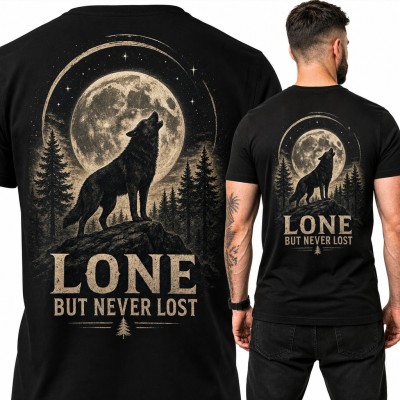 Koszulka męska z wyjącym wilkiem pod pełnią „Lone but never lost” - duży nadruk na plecach
