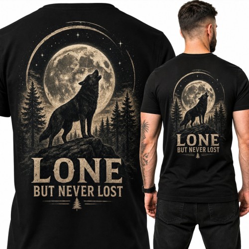 Koszulka męska z wyjącym wilkiem pod pełnią „Lone but never lost” - duży nadruk na plecach