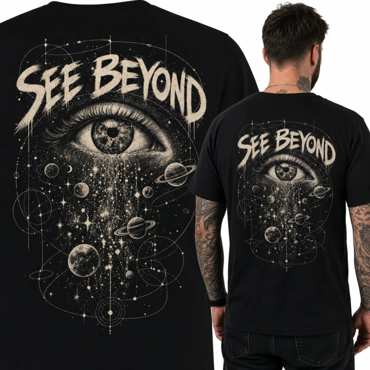 Koszulka męska kosmiczne oko z planetami „See Beyond” - duży nadruk na plecach