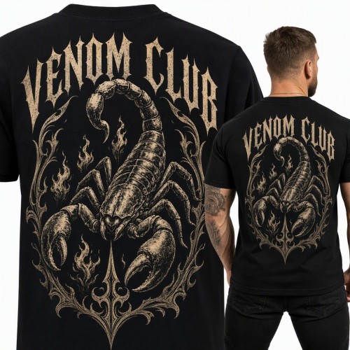 Koszulka męska „Venom Club” ze skorpionem w gotyckiej ramie - duży nadruk na plecach