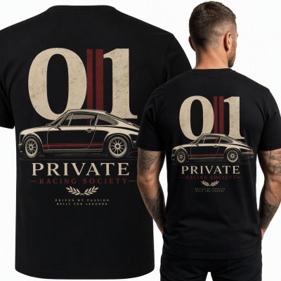 Koszulka męska z klasycznym autem retro „Private Racing Society” 01 - duży nadruk na plecach