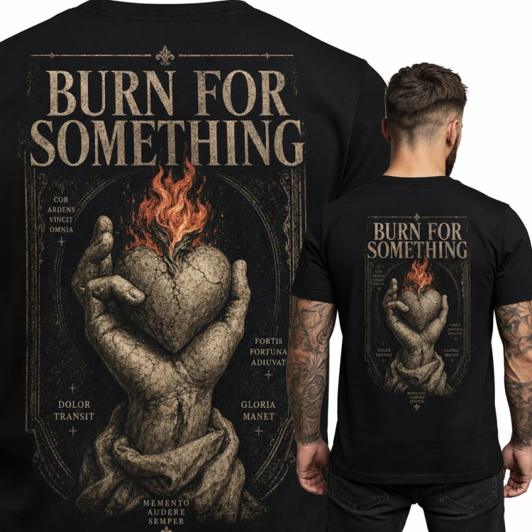 Koszulka męska „Burn for something” z płonącym kamiennym sercem w dłoniach - duży nadruk na plecach