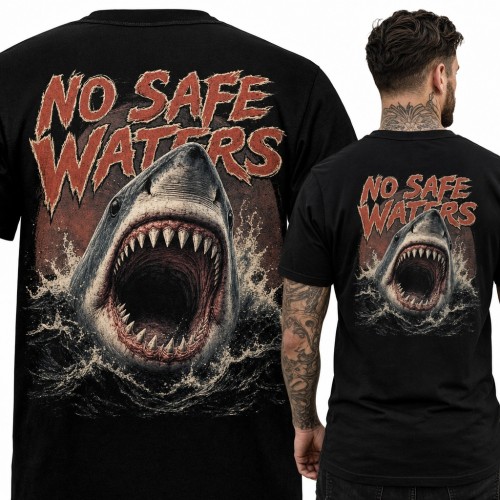 Koszulka męska z rekinem „No Safe Waters” - duży nadruk na plecach