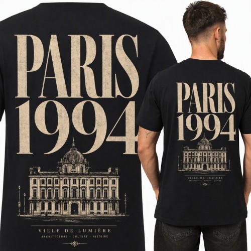 Koszulka męska „Paris 1994” z pałacem i napisem Ville de Lumière - duży nadruk na plecach
