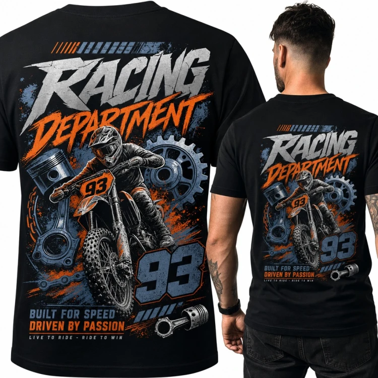 Koszulka męska motocross „Racing Department” z numerem 93 - duży nadruk na plecach