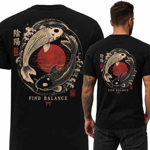 Koszulka męska z karpiami koi yin yang i napisem „Find Balance” - duży nadruk na plecach