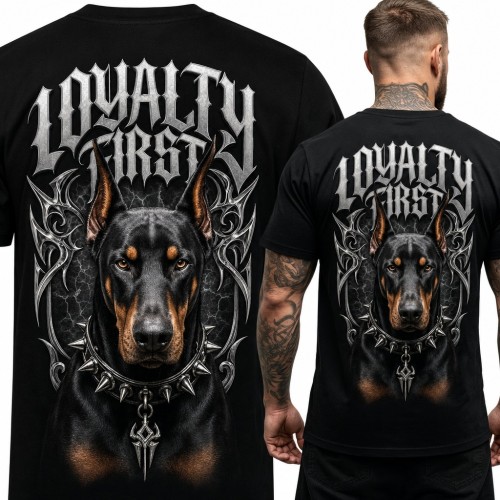 Koszulka męska doberman w kolczastej obroży „Loyalty First” - duży nadruk na plecach