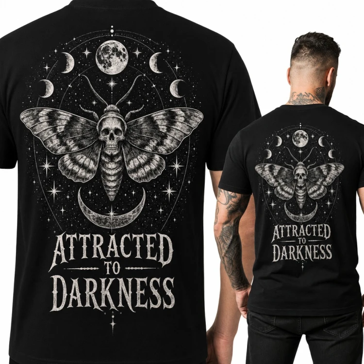 Koszulka męska ćma z czaszką i fazami księżyca „Attracted to darkness” - duży nadruk na plecach