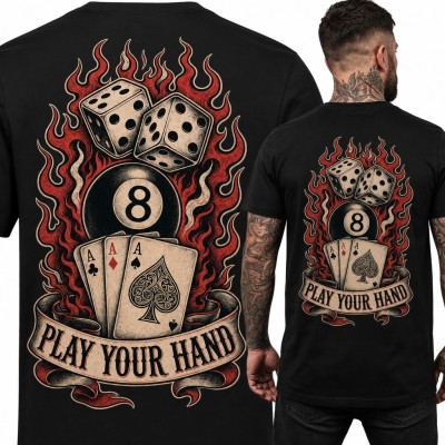 Koszulka męska poker „Play your hand” z asami, kośćmi i bilą 8 - duży nadruk na plecach