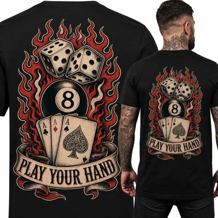 Koszulka męska poker „Play your hand” z asami, kośćmi i bilą 8 - duży nadruk na plecach