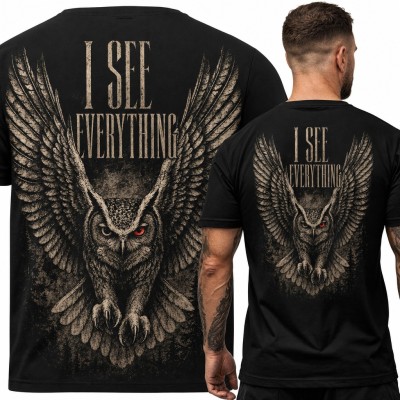 Koszulka męska z sową „I see everything” - duży nadruk na plecach