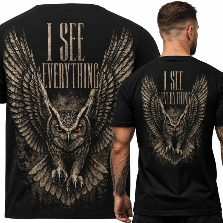 Koszulka męska z sową „I see everything” - duży nadruk na plecach