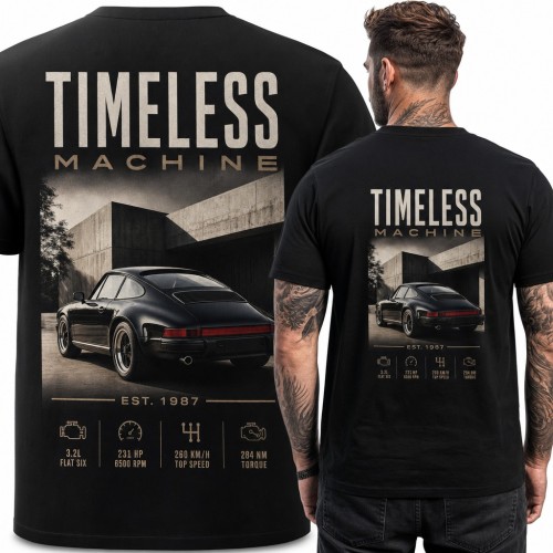 Koszulka męska „Timeless Machine” - klasyczne sportowe coupé z 1987 dla fana motoryzacji - duży nadruk na plecach