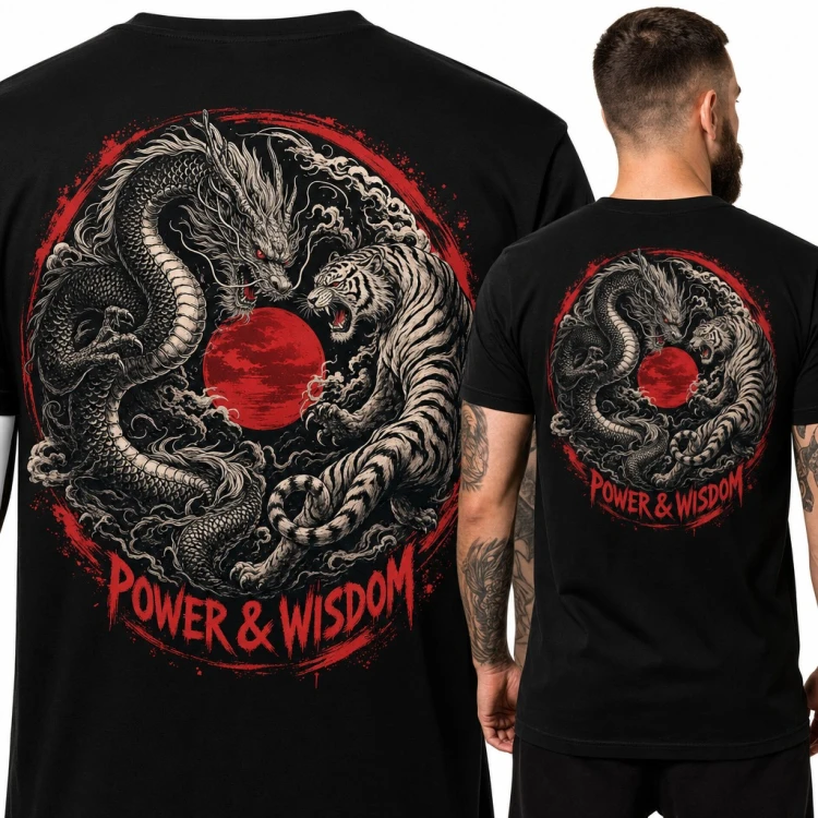 Koszulka męska smok i tygrys „Power &amp; Wisdom” - duży nadruk na plecach