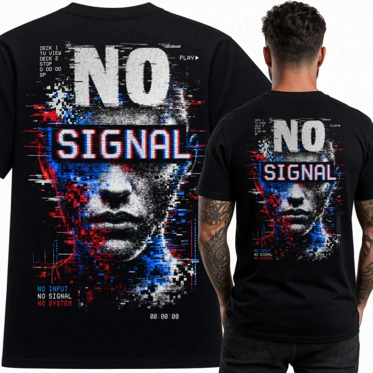 Koszulka męska glitch art z twarzą i napisem „No Signal” w stylu VHS - duży nadruk na plecach