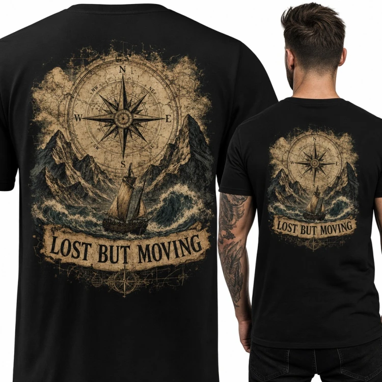 Koszulka męska „Lost but moving” z kompasem i żaglowcem - duży nadruk na plecach