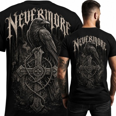 Koszulka męska „Nevermore” - kruk na krzyżu z cierniami, duży nadruk na plecach