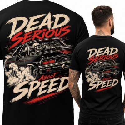 Koszulka męska „Dead serious about speed” ze szkieletem w muscle carze - duży nadruk na plecach