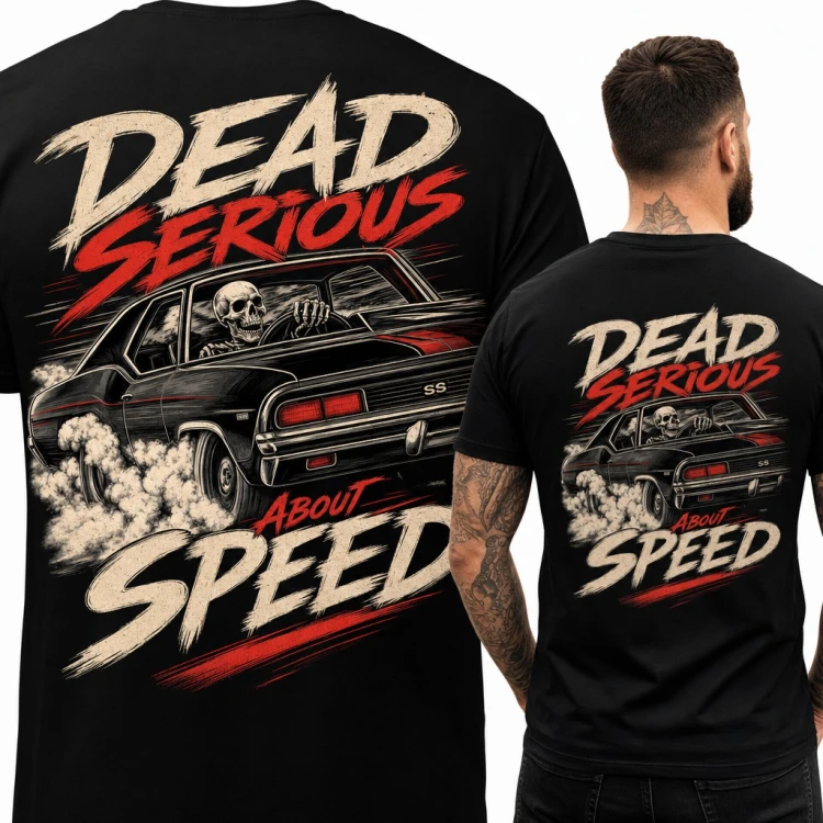 Koszulka męska „Dead serious about speed” ze szkieletem w muscle carze - duży nadruk na plecach