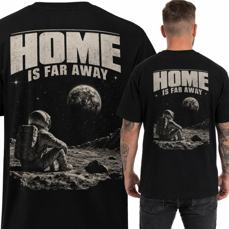 Koszulka męska „Home is far away” - samotny astronauta na Księżycu, duży nadruk na plecach