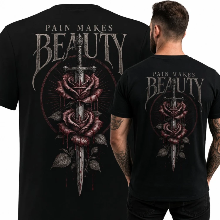 Koszulka męska „Pain makes beauty” - sztylet w krwawiących różach, duży nadruk na plecach