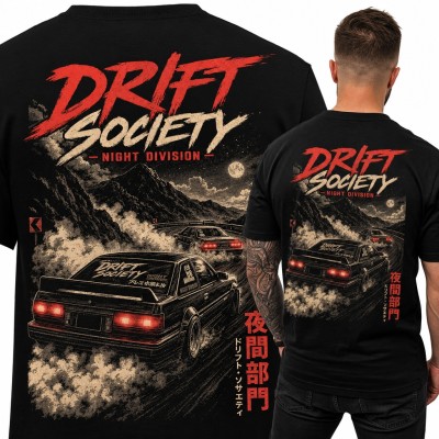 Koszulka męska „Drift Society” - nocne JDM na górskiej serpentynie - duży nadruk na plecach