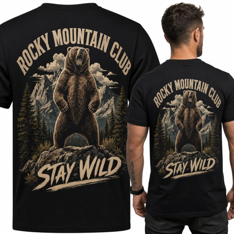 Koszulka męska z niedźwiedziem grizzly „Rocky Mountain Club Stay Wild” - duży nadruk na plecach
