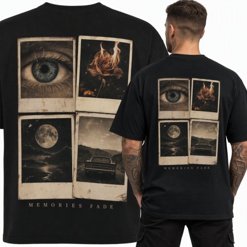 Koszulka męska polaroidy z płonącą różą i księżycem „Memories Fade” - duży nadruk na plecach