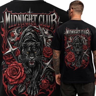 Koszulka męska „Midnight Club” z czarną panterą i czerwonymi różami - duży nadruk na plecach